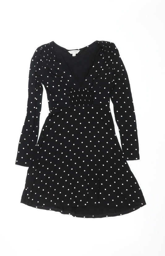 Additional front view of Miss Selfridge Women Black Polka Dot V-Neck Fit & Flare Dress, size 8