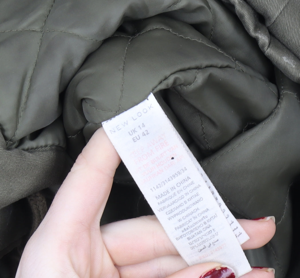 New Look Women’s Green Fur Trim Parka Coat Size 14 Hooded Winter Jacket