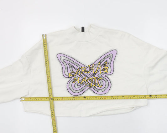 H&M Divided Women’s White Cropped Pullover Sweatshirt L Butterfly Karma & Magic