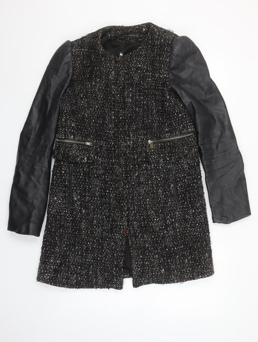 Zara Women Black Tweed Leather Sleeve Biker Jacket Size 8