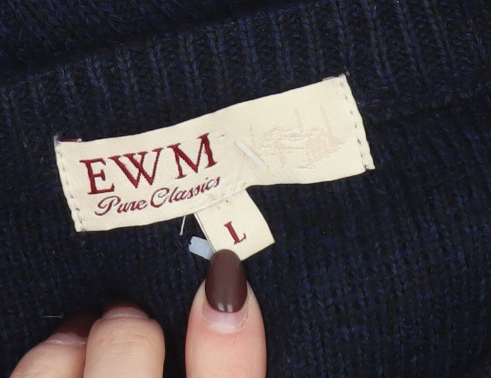 EWM Men's Blue Suede Shoulder Crew Neck Pullover Jumper L