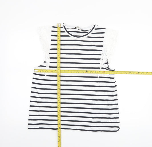 F&F Women’s White Black Striped Crochet Sleeve Cotton T-Shirt UK 16