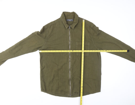Primark Men's Green Cotton Zip Up Long Sleeve Casual Shirt M