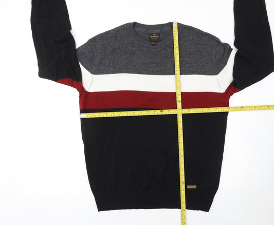 Bench Men's L Black Grey Red Striped Cotton Blend Crew Neck Jumper