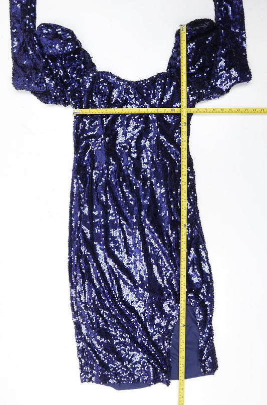 Boohoo Womens Blue Sequin Off Shoulder Bodycon Dress Size 12