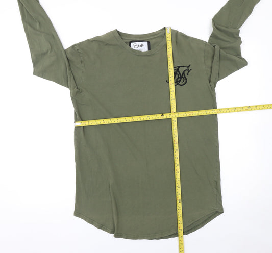 SikSilk Men's Green Long Sleeve Crew Neck Cotton T-Shirt Size S