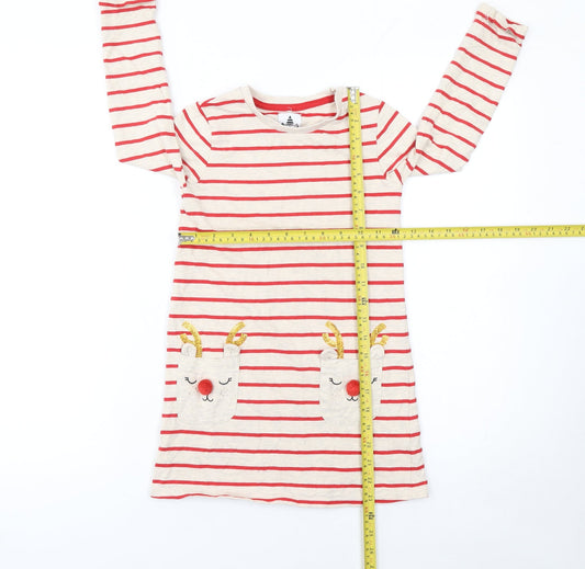 George Girls Beige Red Striped Christmas Reindeer Dress 5-6 Years