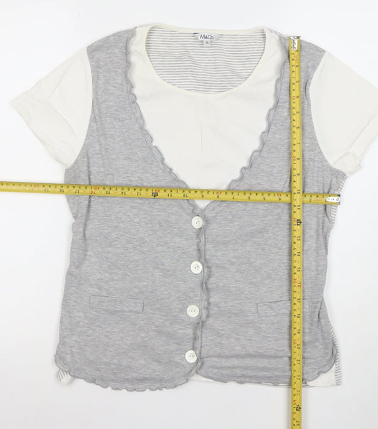 M&Co Women’s Grey Striped Button V-Neck Jersey T-Shirt XL