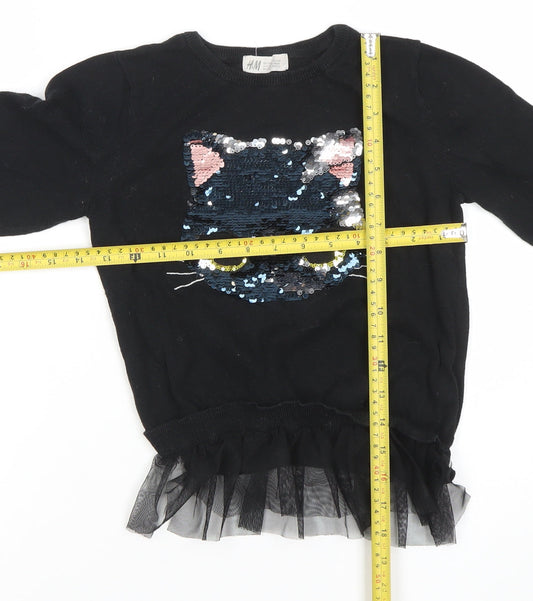 H&M Girls Black Sequin Cat Pullover Long Sleeve T-Shirt 10 Years