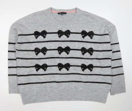 Additional front view of Crew Clothing girls’ grey bow stripe knit jumper, size 16, years