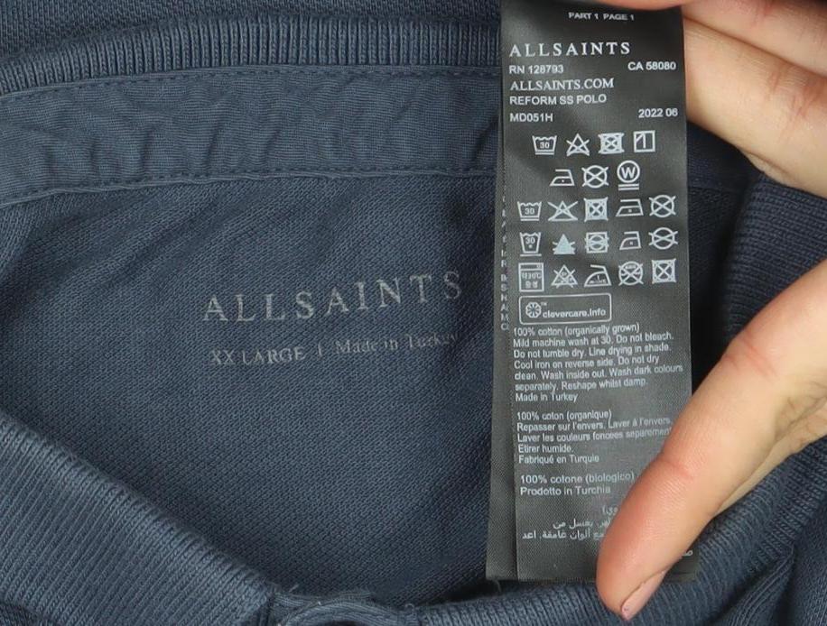 AllSaints Men Blue XXL Cotton Short Sleeve Polo Shirt