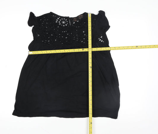 Fat Face Women Black Tunic Blouse UK 10 Embroidered Sleeveless Top