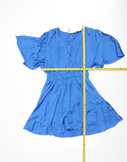 Zara Women Blue Fit & Flare Short Sleeve Short Dress M