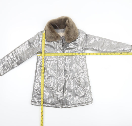 Teni Vici Girls Silver Sequin Faux Fur Collar Winter Puffer Coat 6-7 Years