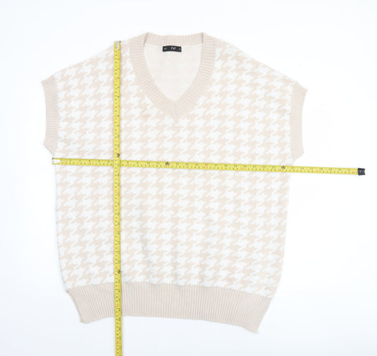 F&F Women’s Beige Houndstooth Knit Sleeveless V-Neck Vest Jumper Size L
