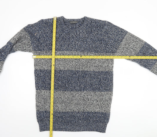 Cedar Wood State Men's Blue Striped Chunky Knit Jumper M