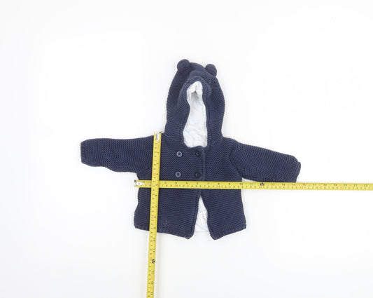 Marks and Spencer Unisex Baby Blue Hooded Knit Cardigan 0-3 Months Cotton