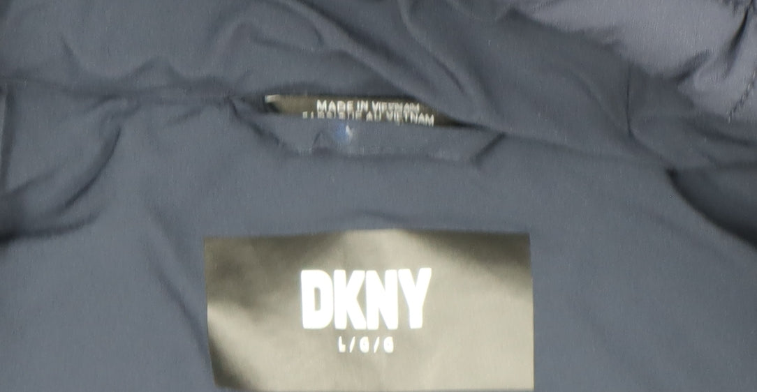 DKNY Womens Blue Long Puffer Coat L Hooded Quilted Winter Jacket