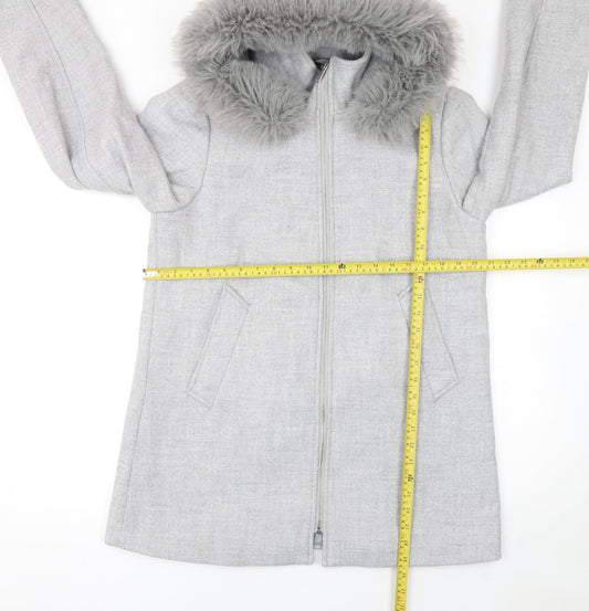 Primark Women’s Grey Parka Coat Size 12 Hooded Faux Fur Trim Winter