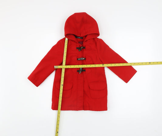 George Girls Red Hooded Duffle Coat 2-3 Years Toggle Fastening Winter Jacket