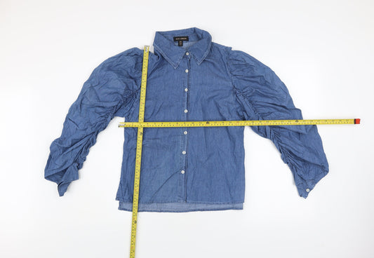 QED London Women Blue Puff Sleeve Chambray Button-Up Shirt Size 10