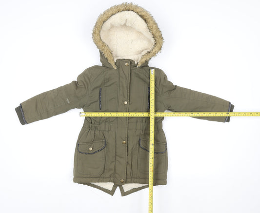Young Dimension Girls Green Faux Fur Hooded Parka Coat 5-6 Years