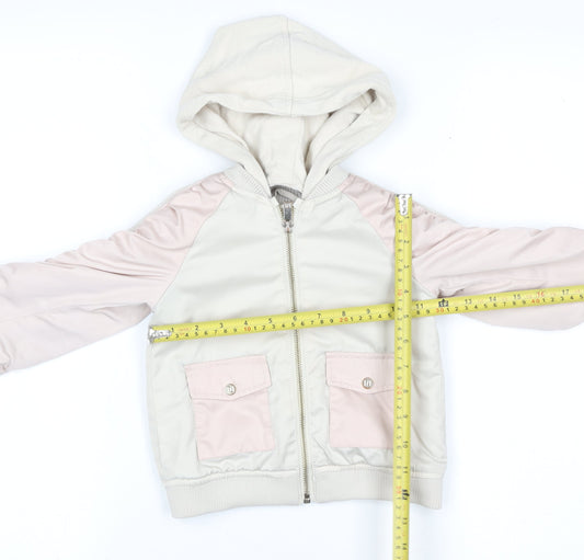 River Island Girls Ivory Pink Hooded Bomber Jacket 2-3 Years Lined Pockets
