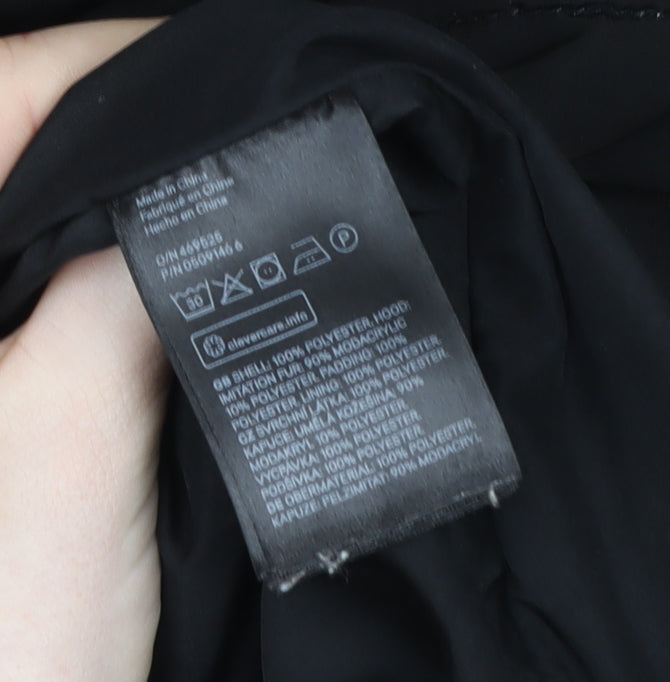 H&M Womens Black Puffer Jacket Size 8 Faux Fur Hooded Winter Coat