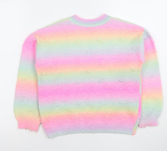 F&F Girls Multicoloured Rainbow Pullover Jumper Size 8-9 Years Crew Neck