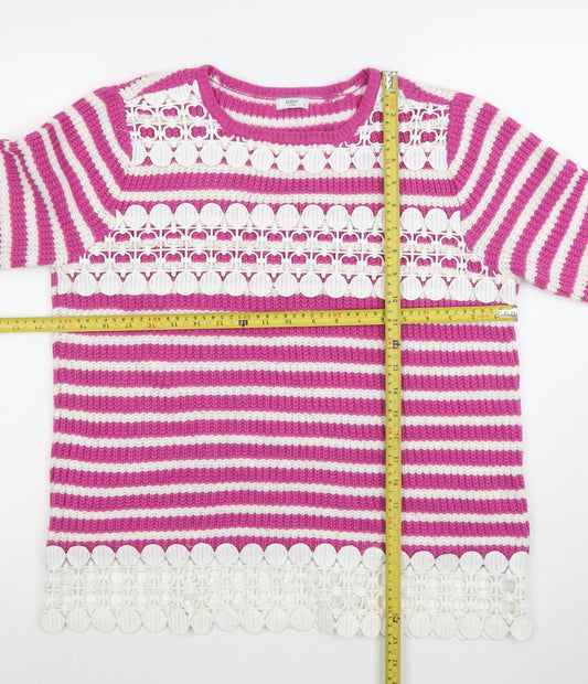 Cotton Traders Women’s Pink White Striped Crochet Trim Jumper Size 12