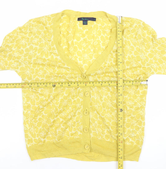 Boden Women's Yellow Floral V-Neck Linen Cardigan Size 8