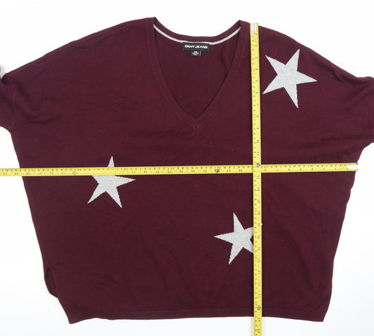 DKNY Jeans Womens Burgundy V-Neck Star Knit Jumper Size M