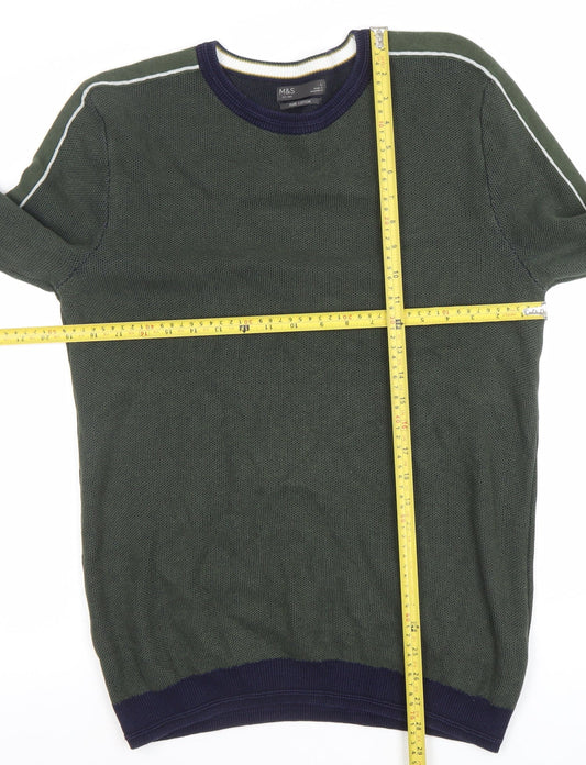 Marks and Spencer Men's Green Cotton Crew Neck Jumper Size L