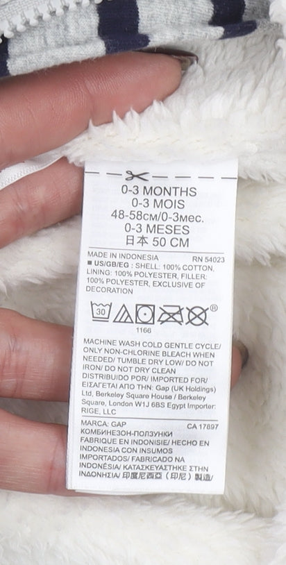 GAP Unisex Baby Grey Striped Hooded Snowsuit 0-3 Months Cotton Lined Zip Footed