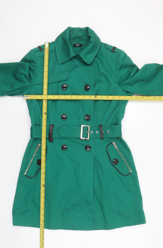 F&F Women’s Green Trench Coat Size 8 Belted Mid-Length Classic Style