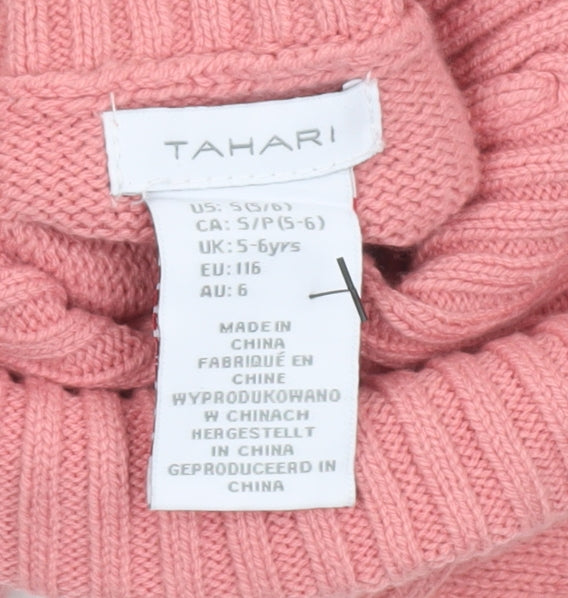 Tahari Girls Pink Roll Neck Cable Knit Pullover Jumper 5-6 Years Cotton Blend