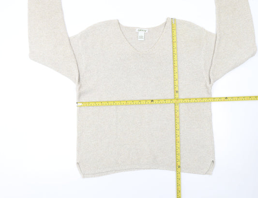 Orvis Women Beige Cotton Acrylic V-Neck Knit Jumper Size L