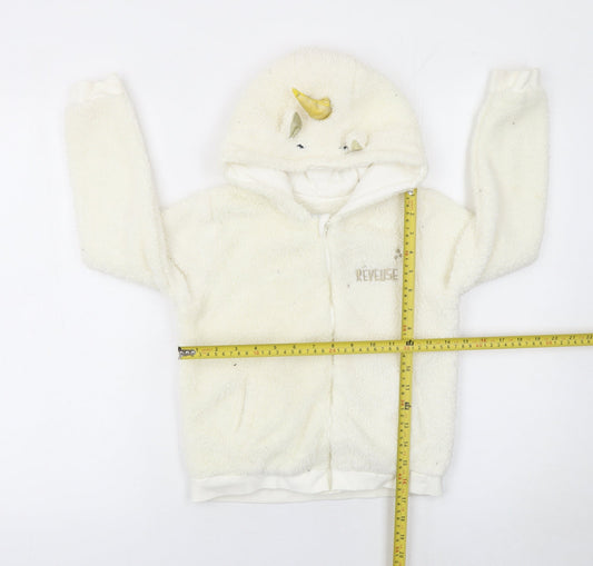Reveuse Girls Ivory Unicorn Hooded Fleece Jacket Age 8 Long Sleeve Zip-Up