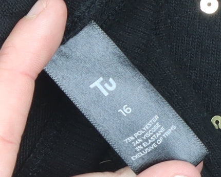 Tu Women Black Sequin Long Sleeve Shift Dress Size 16 Party Knit