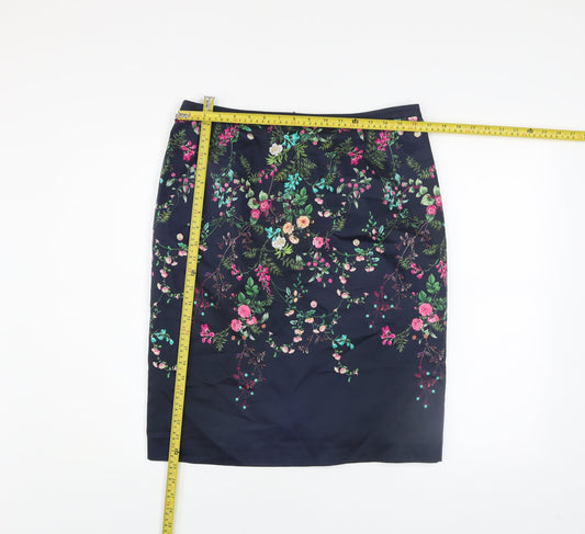 Monsoon Women's Blue Floral Pencil Skirt Size 14 Knee Length Cotton