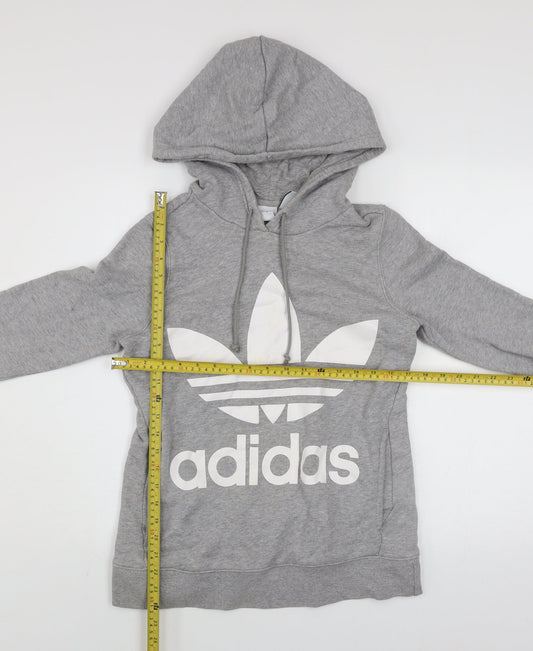 Adidas Women Grey Hooded Pullover Sweatshirt Size 6 Logo Print Cotton