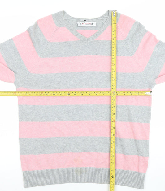 Burton Men’s Grey Pink Striped Cotton V-Neck Jumper Size S