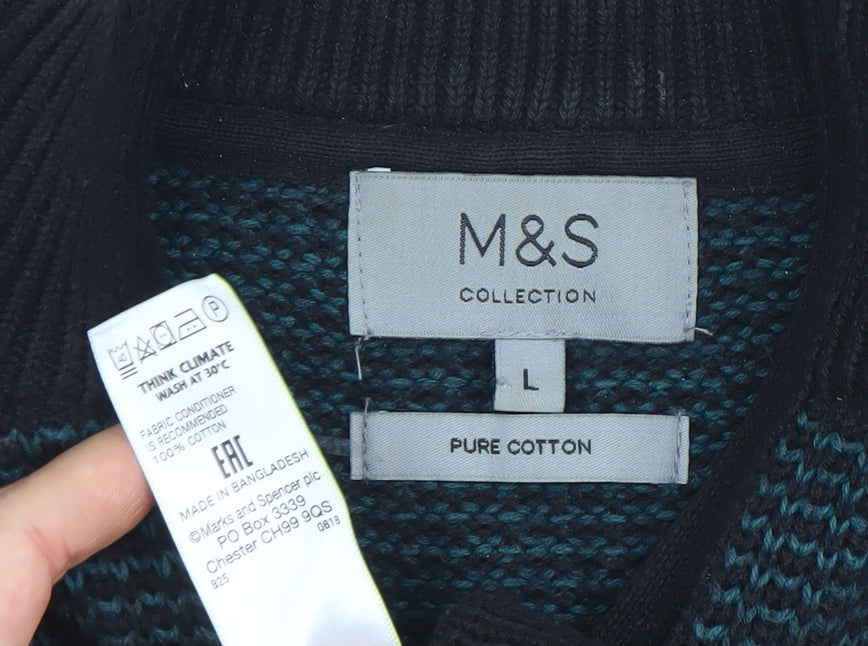 Marks and Spencer Men's Blue Cotton Half Zip Jumper L