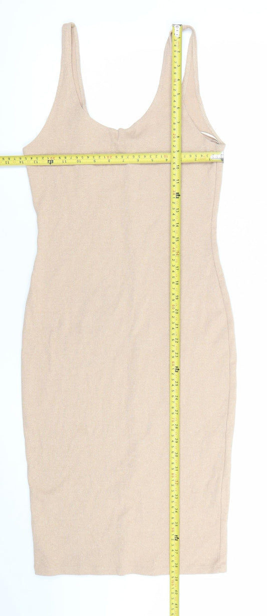 Pull&Bear Women Beige L Bodycon Knit Sleeveless Scoop Neck Dress