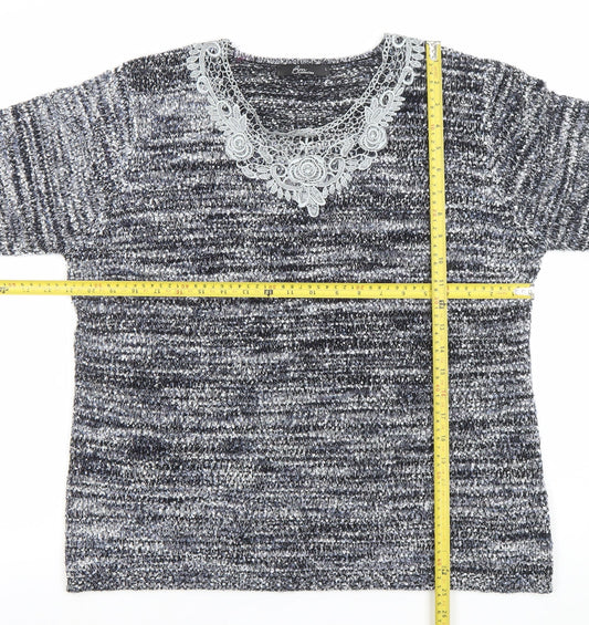 BM Collection Women's Grey Lace Neck Chunky Knit Pullover Jumper L