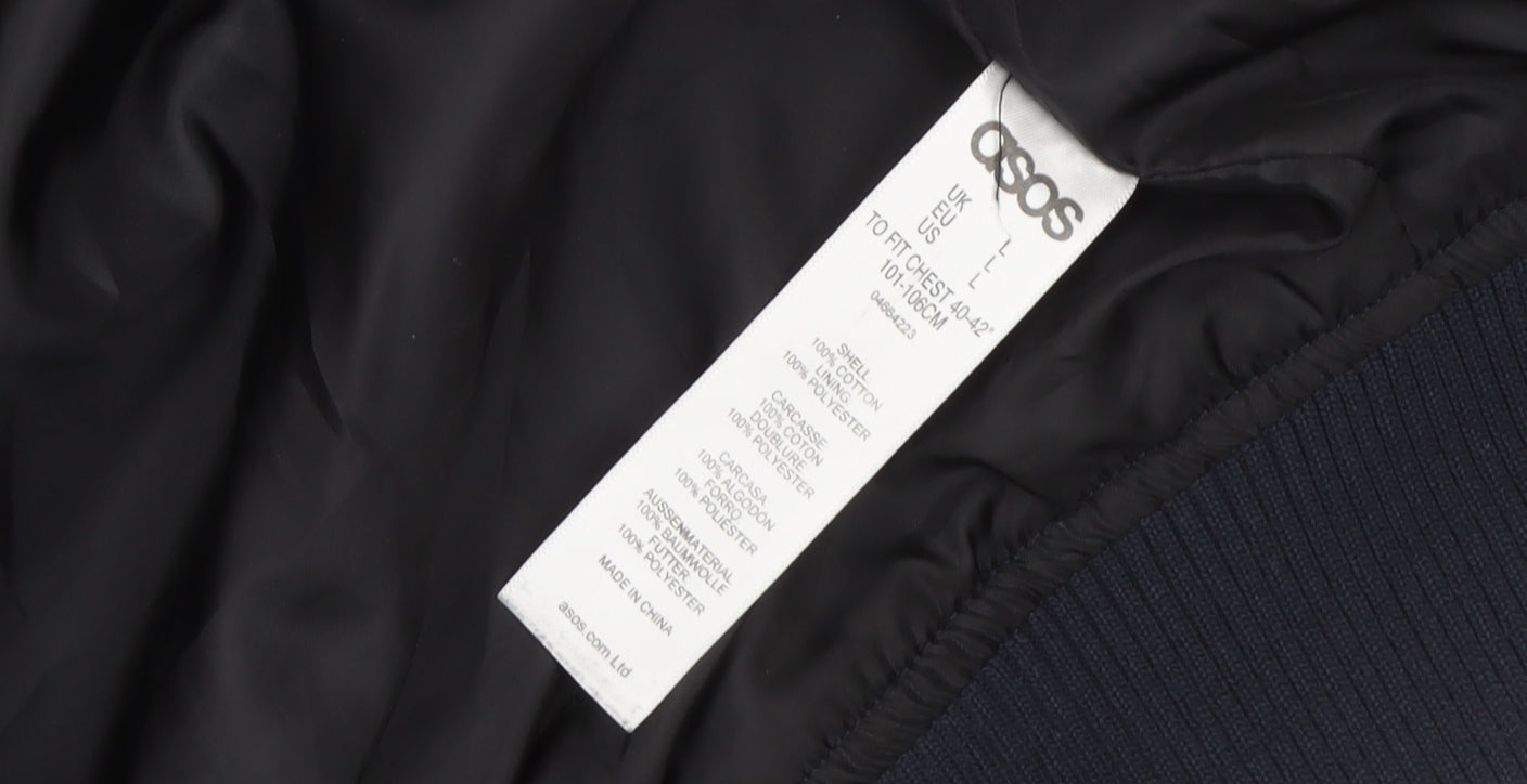 ASOS Mens Blue Cotton Bomber Jacket Size L 40in Full Zip Casual