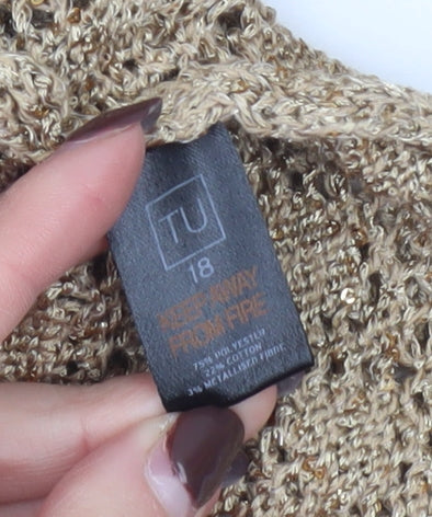 TU Women’s Beige Open-Knit V-Neck Short Sleeve Jumper Size 18