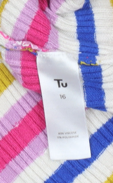 Tu Women's Multicoloured Stripe Henley Jumper Size 16 Knit Top