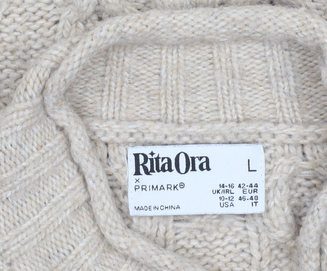 Primark Women’s Beige Cable-Knit Mock Neck Jumper Size L