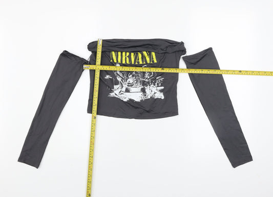 Bershka Women’s Black Nirvana Off Shoulder Cropped Long Sleeve Top L